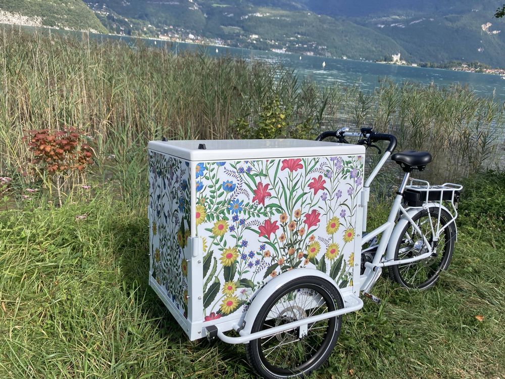 une caisse sur un velo cargo electrique