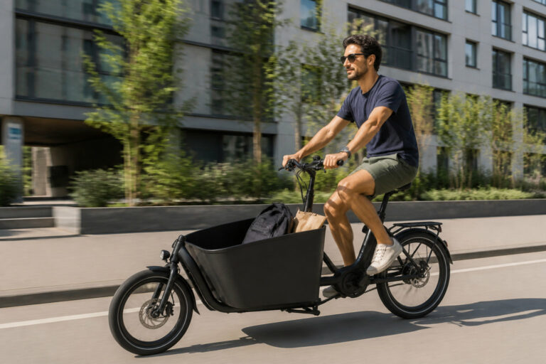 homme sur son velo cargo electrique en ville