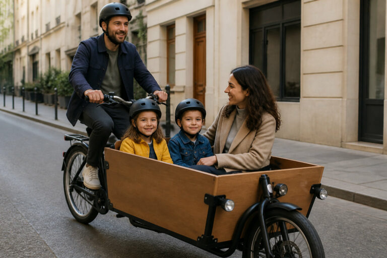 famille en balade dans un velo cargo electrique en ville