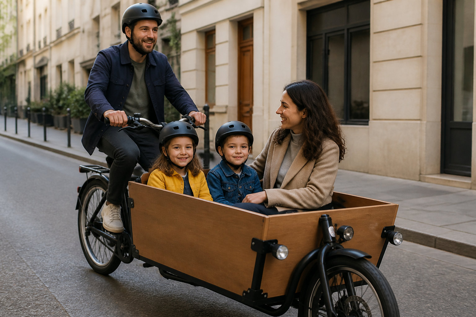 famille en balade dans un velo cargo electrique en ville