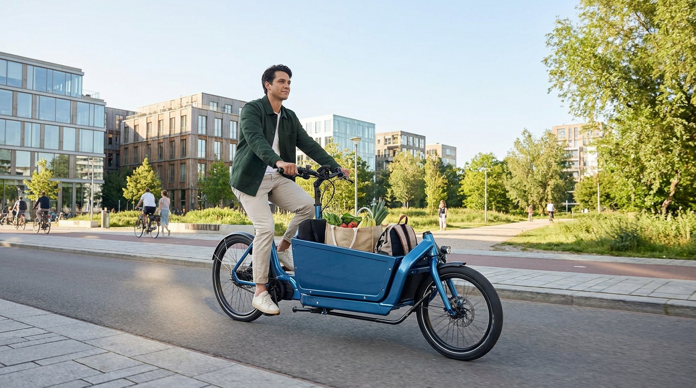 un homme au guidon de son velo cargo electrique en ville