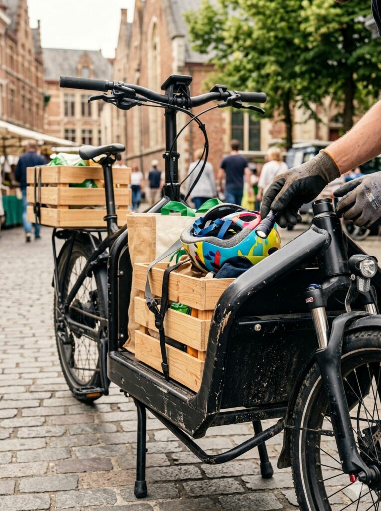 gros plan sur un velo longtail electrique en ville